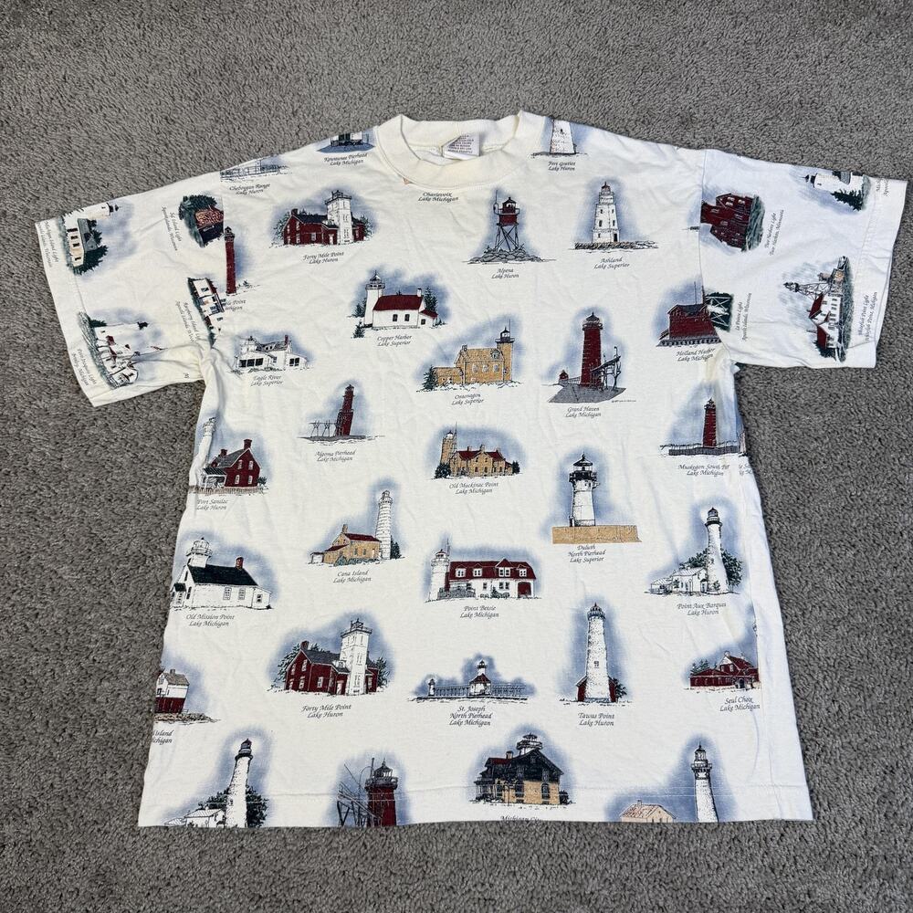 Vintage Art Unlimited Sportswear Shirt Mens L White Nautical Lighthouses Graphic